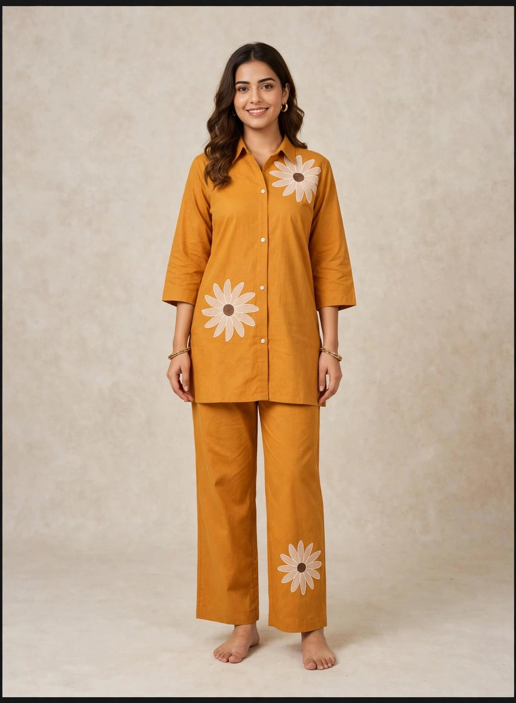 Mustard Yellow Floral Embroidered Cotton Co-Ord Set | Premium Daisy Applique | 2PC Set
