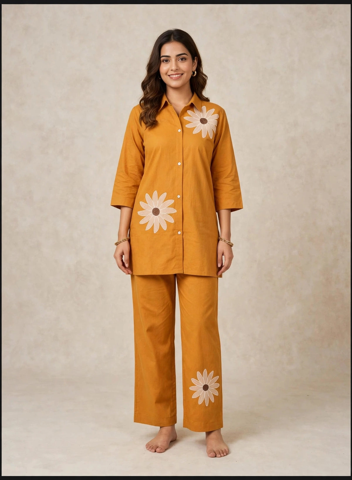 Mustard Yellow Floral Embroidered Cotton Co-Ord Set | Premium Daisy Applique | 2PC Set