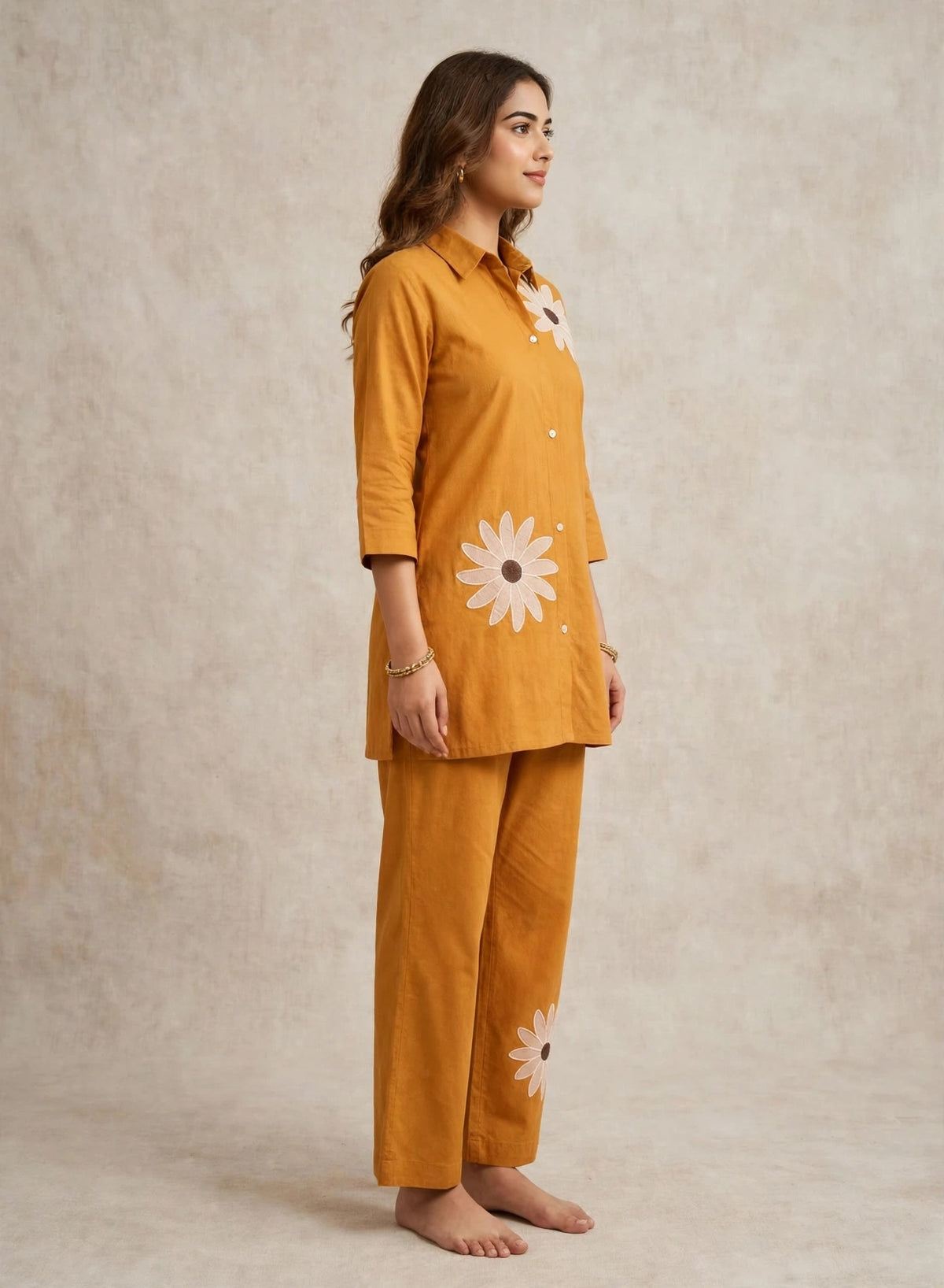 Mustard Yellow Floral Embroidered Cotton Co-Ord Set | Premium Daisy Applique | 2PC Set