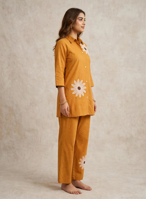 Mustard Yellow Floral Embroidered Cotton Co-Ord Set | Premium Daisy Applique | 2PC Set
