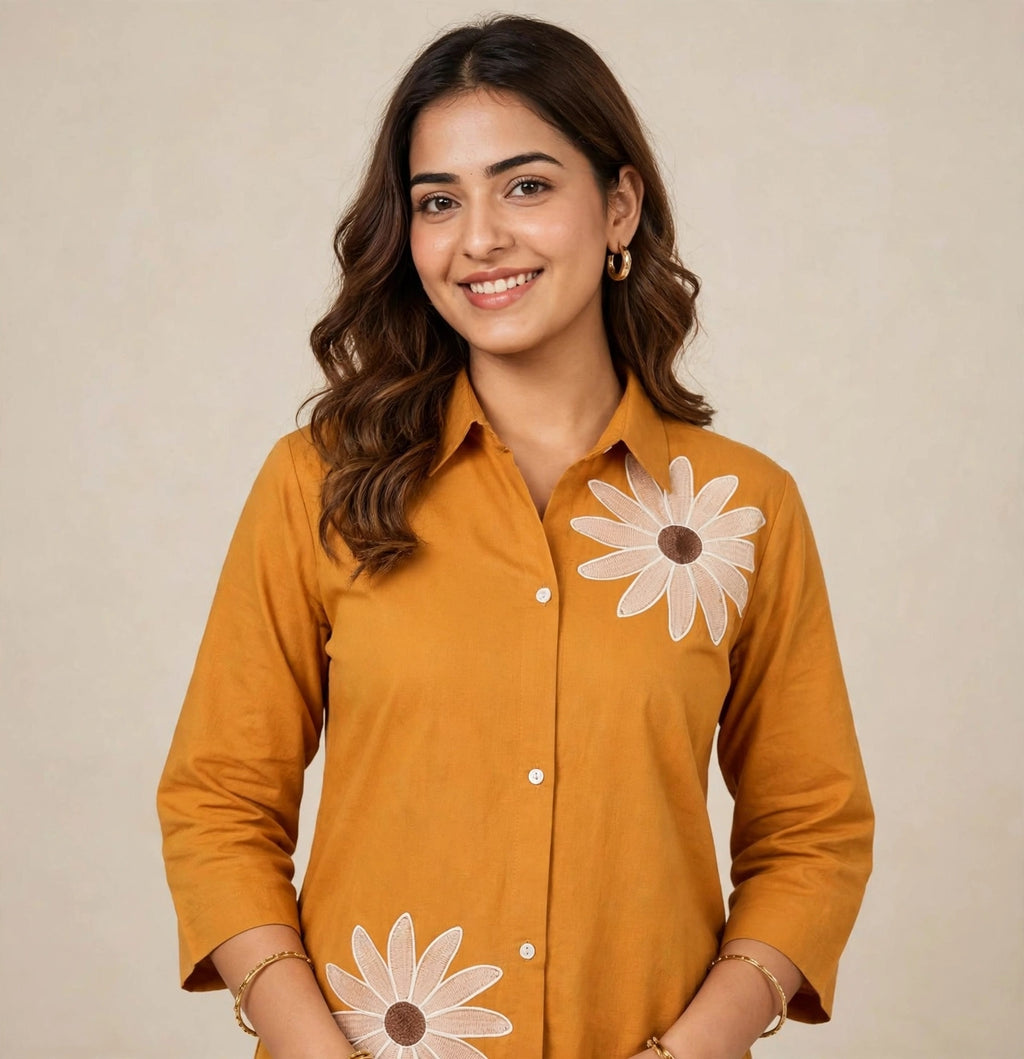 Mustard Yellow Floral Embroidered Cotton Co-Ord Set | Premium Daisy Applique | 2PC Set