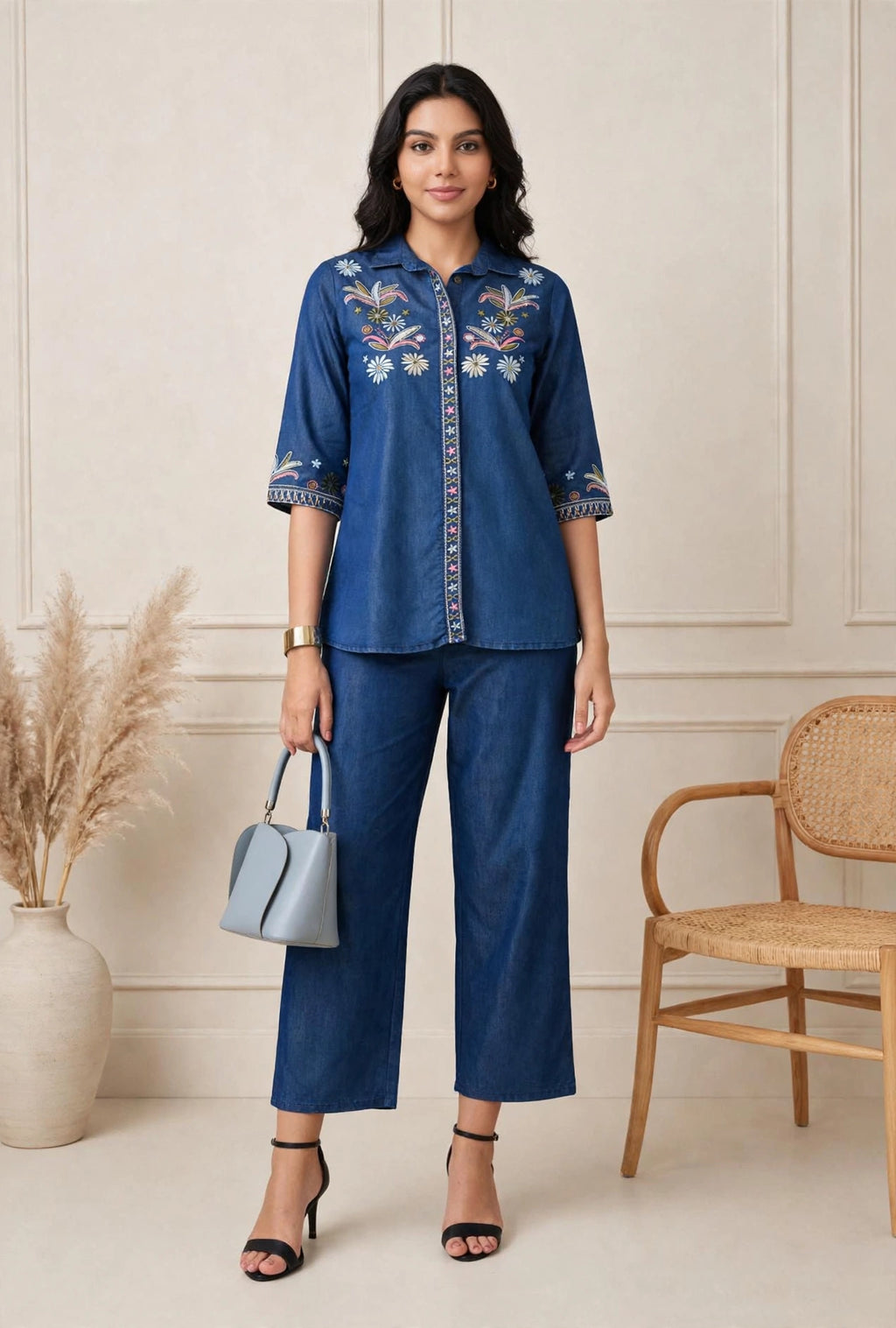 Stylish Blue Denim Embroidered Co-Ord Set | Flora Thread Work Top & Pent Set For Women