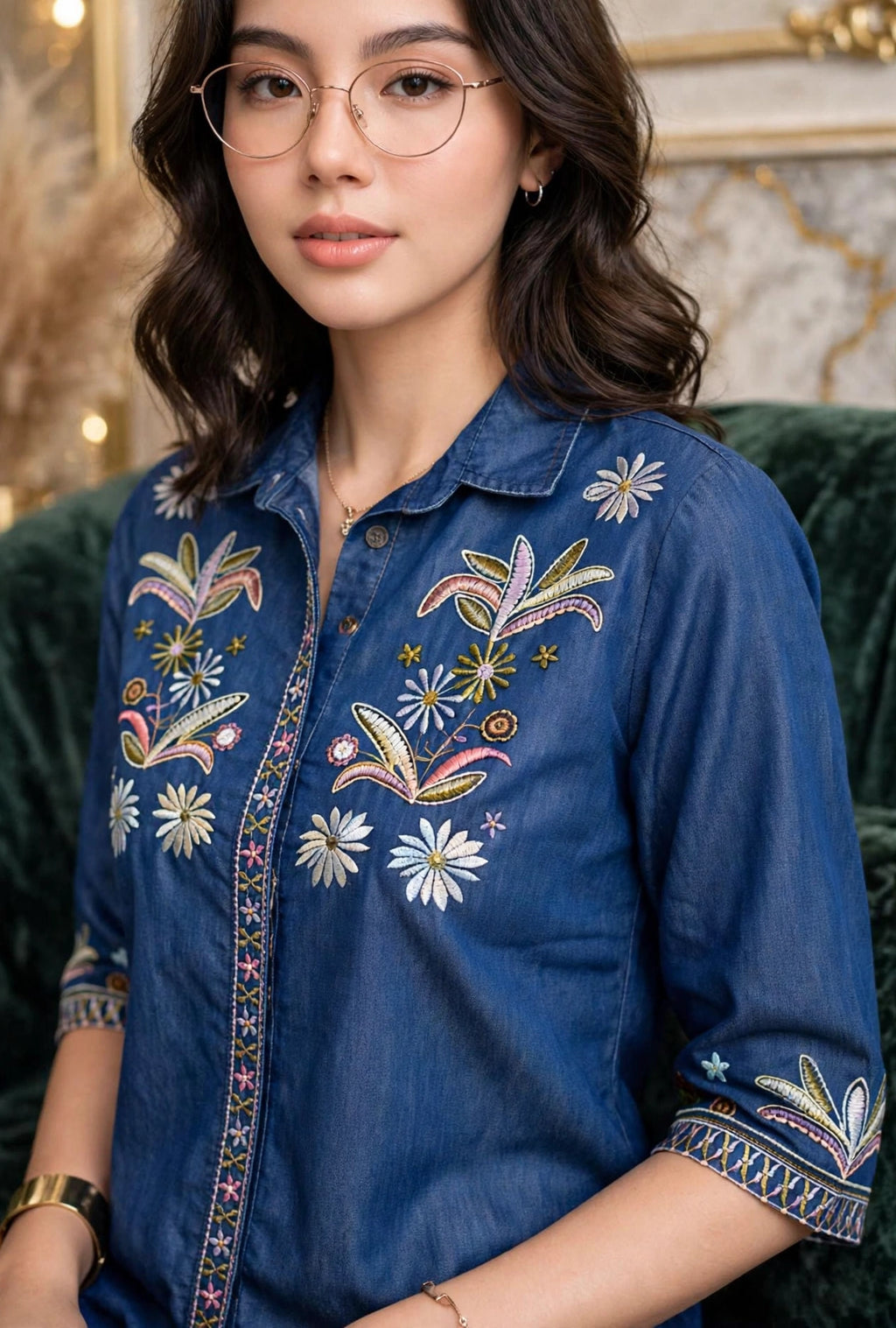 Stylish Blue Denim Embroidered Co-Ord Set | Flora Thread Work Top & Pent Set For Women