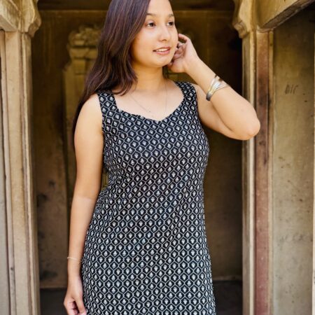 black ( hand block ) printed sleeveless kurti