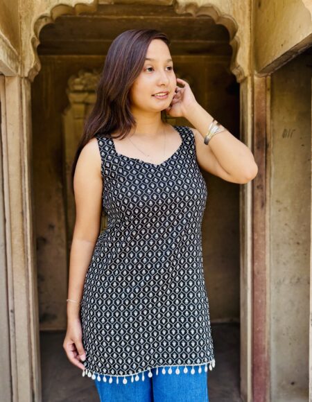 black ( hand block ) printed sleeveless kurti