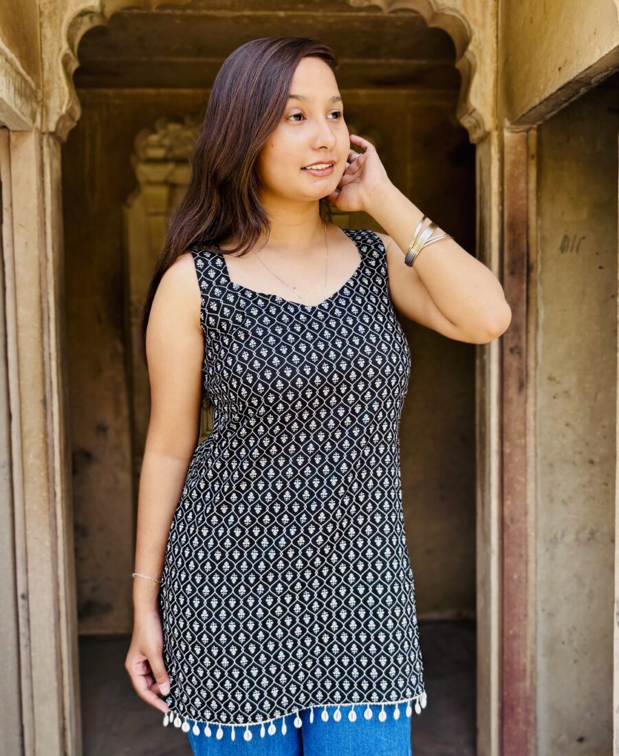 black ( hand block ) printed sleeveless kurti
